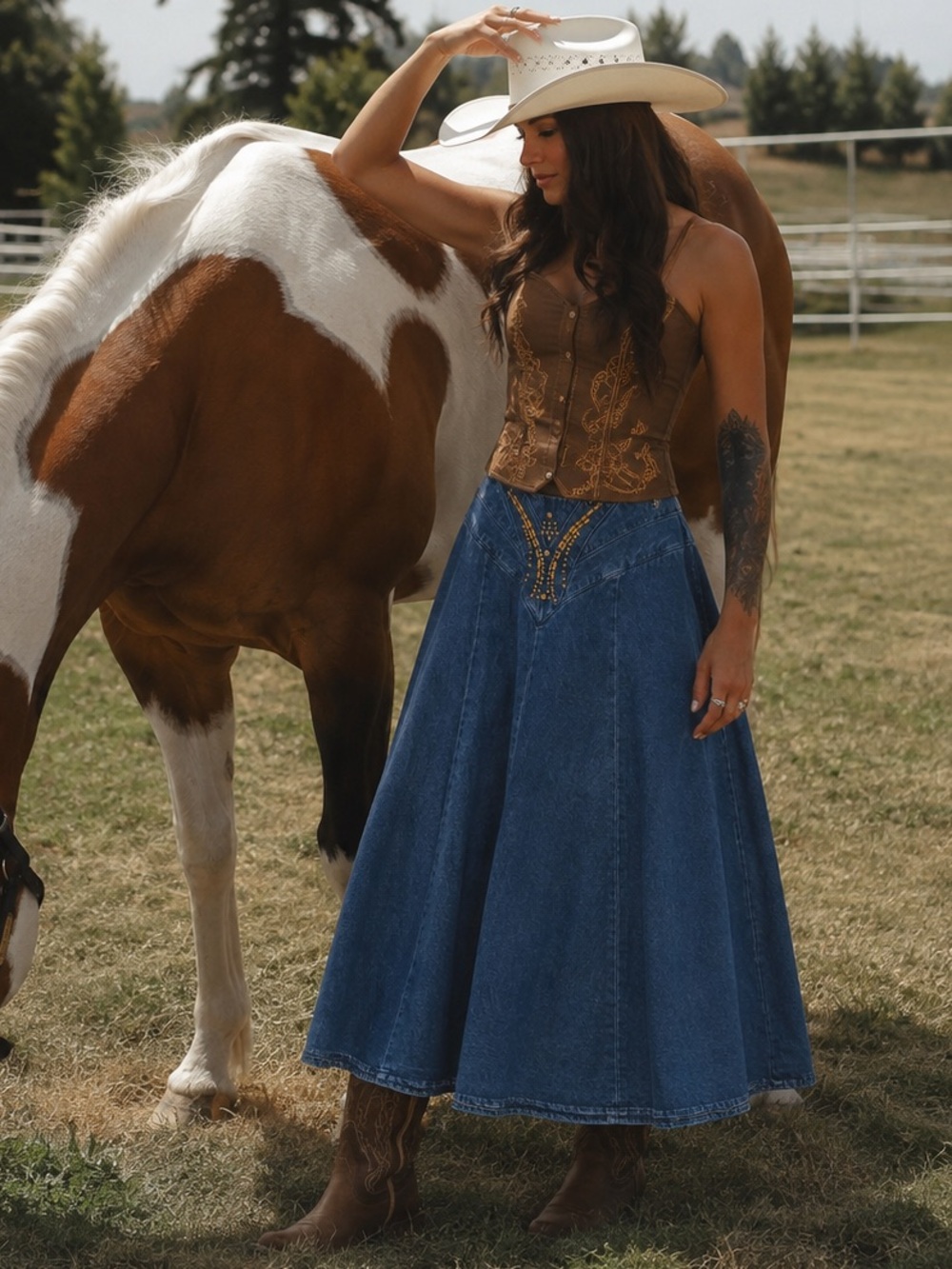Vintage 80s/90s Esprit Sport Studded Western Denim Prairie Maxi Skirt, S
